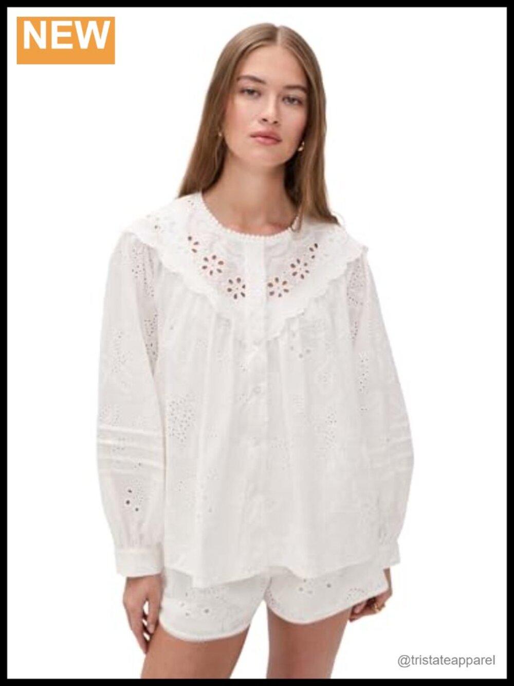 Women's Eyelet Long Sleeve Blouse Cotton Loose Fit Button Placket
